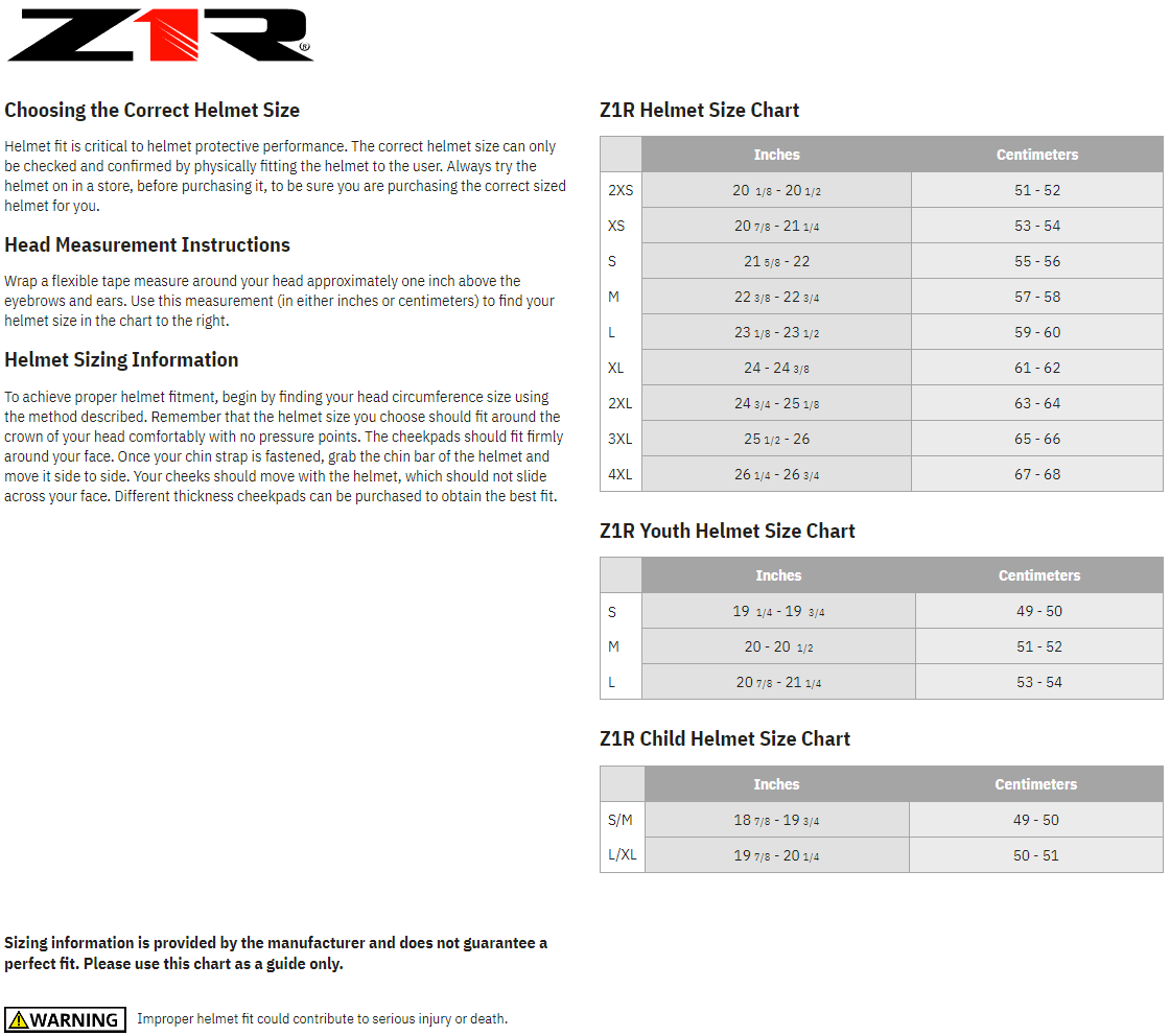 Z1R Jackal Waveform Full Face Motorcycle Helmet - size chart