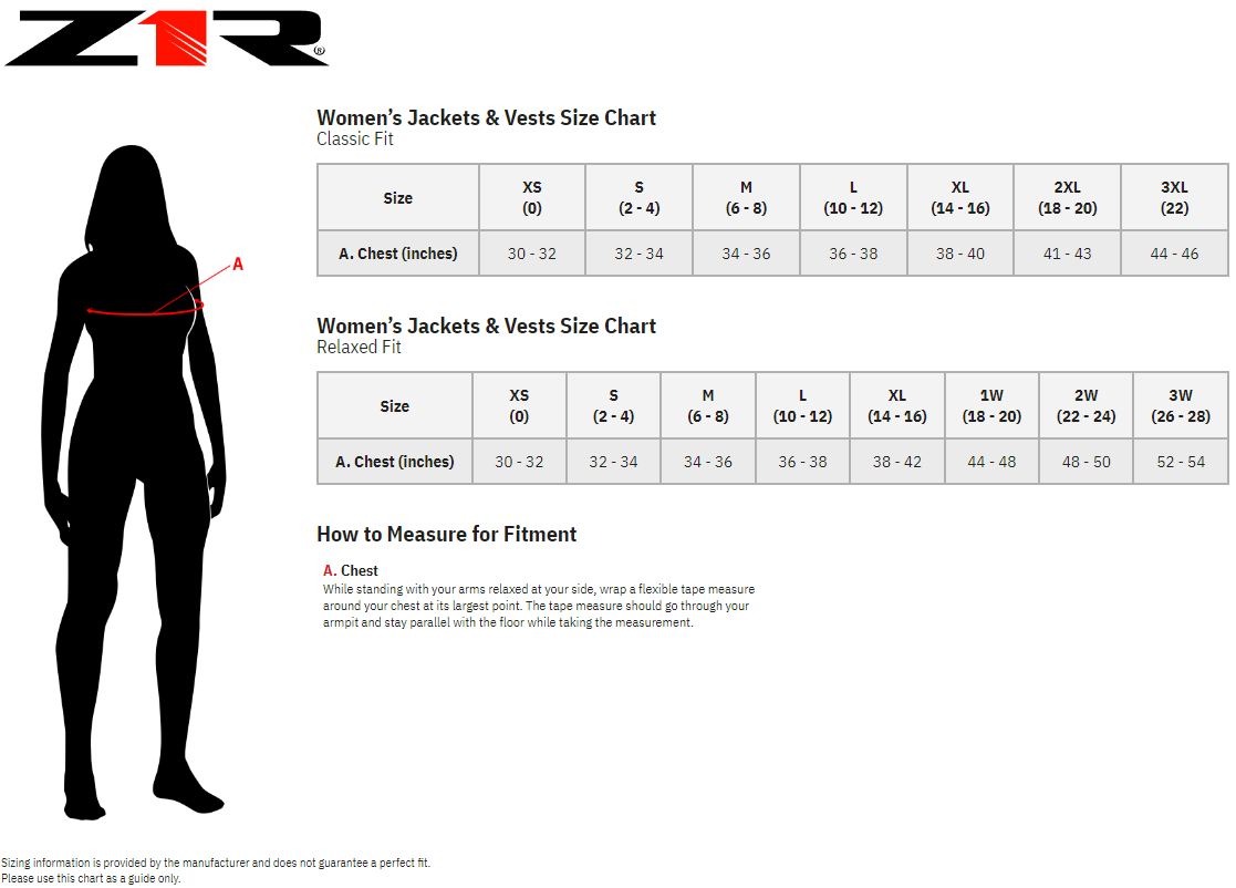 Z1R Women's Werk Leather Motorcycle Riding Vest  - size chart