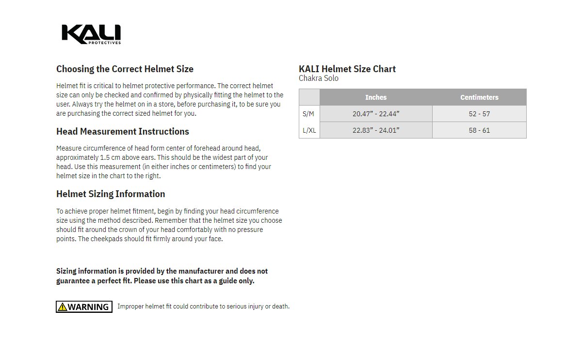 Kali Chakra Solo Solid Bicycle Helmet - size chart