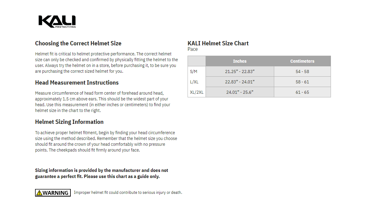 Kali Pace Fade Bicycle Helmet - size chart